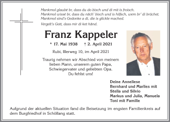 Traueranzeige von Franz Kappeler von Allgäuer Anzeigeblatt