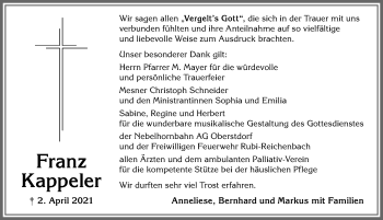 Traueranzeige von Franz Kappeler von Allgäuer Anzeigeblatt