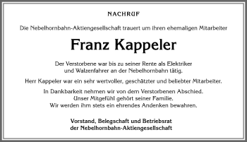 Traueranzeige von Franz Kappeler von Allgäuer Anzeigeblatt