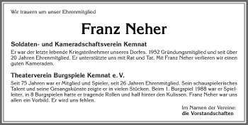 Traueranzeige von Franz Neher von Allgäuer Zeitung, Kaufbeuren/Buchloe