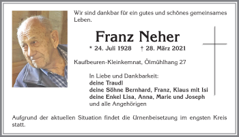 Traueranzeige von Franz Neher von Allgäuer Zeitung, Kaufbeuren/Buchloe