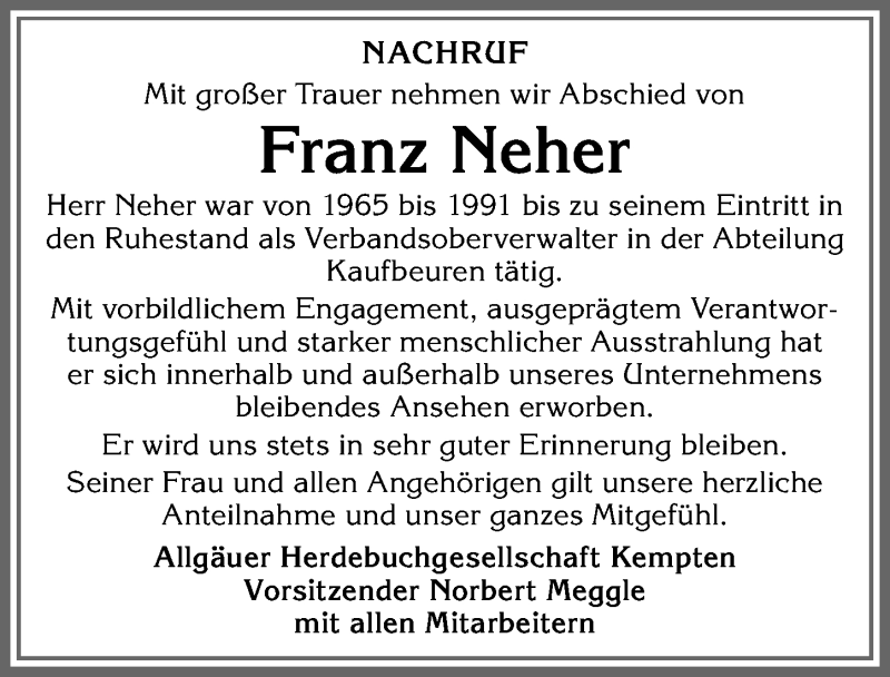  Traueranzeige für Franz Neher vom 03.04.2021 aus Allgäuer Zeitung, Kaufbeuren/Buchloe