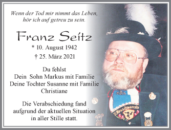 Traueranzeige von Franz Seitz von Allgäuer Zeitung, Füssen