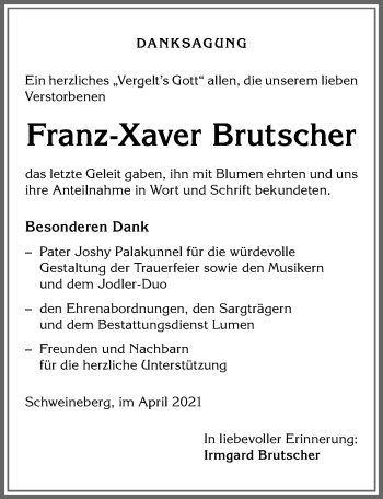 Traueranzeige von Franz-Xaver Brutscher von Allgäuer Anzeigeblatt