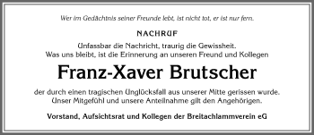 Traueranzeige von Franz-Xaver Brutscher von Allgäuer Anzeigeblatt