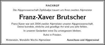 Traueranzeige von Franz-Xaver Brutscher von Allgäuer Anzeigeblatt