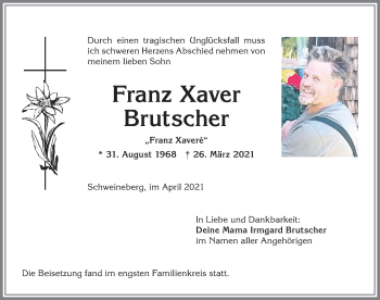 Traueranzeige von Franz Xaver Brutscher von Allgäuer Anzeigeblatt