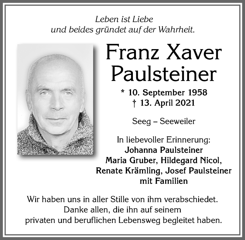  Traueranzeige für Franz Xaver Paulsteiner vom 30.04.2021 aus Allgäuer Zeitung,Kempten