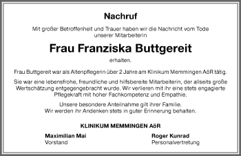Traueranzeige von Franziska Buttgereit von Memminger Zeitung
