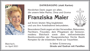 Traueranzeige von Franziska Maier von Allgäuer Anzeigeblatt