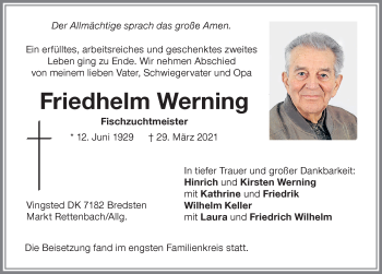 Traueranzeige von Friedhelm Werning von Memminger Zeitung