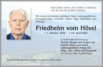 Traueranzeige von Friedhelm vom Hövel von Allgäuer Zeitung,Kempten