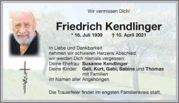Traueranzeige von Friedrich Kendlinger von Memminger Zeitung