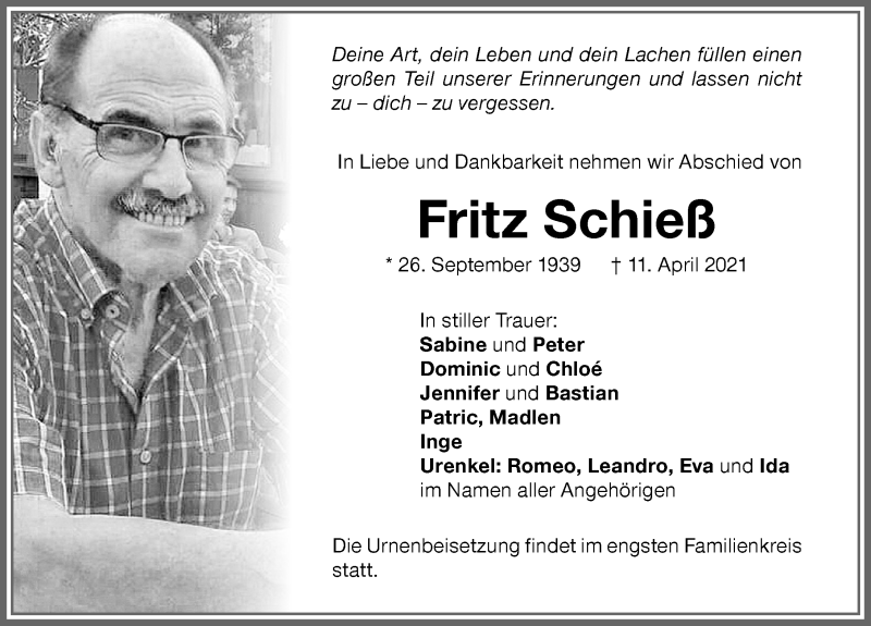  Traueranzeige für Fritz Schieß vom 14.04.2021 aus Memminger Zeitung