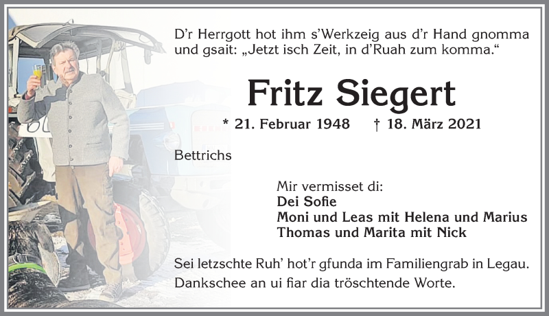  Traueranzeige für Fritz Siegert vom 01.04.2021 aus Allgäuer Zeitung,Kempten