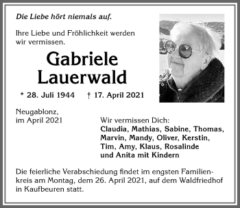 Traueranzeige von Gabriele Lauerwald von Allgäuer Zeitung, Kaufbeuren/Buchloe
