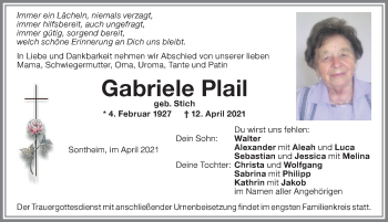 Traueranzeige von Gabriele Plail von Memminger Zeitung