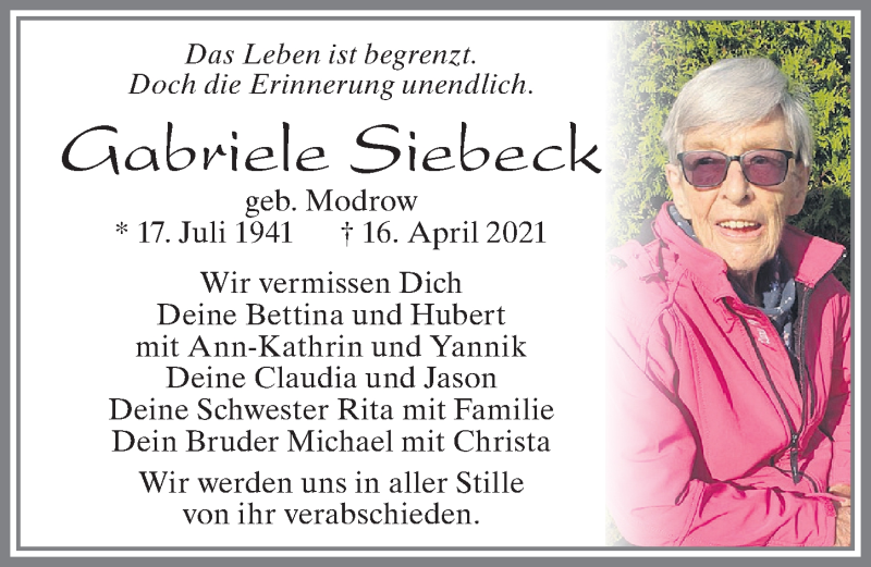  Traueranzeige für Gabriele Siebeck vom 24.04.2021 aus Allgäuer Zeitung, Füssen