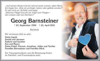 Traueranzeige von Georg Barnsteiner von Allgäuer Zeitung, Füssen