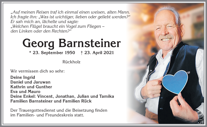  Traueranzeige für Georg Barnsteiner vom 29.04.2021 aus Allgäuer Zeitung, Füssen