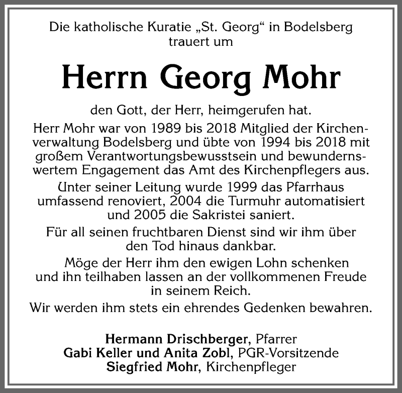  Traueranzeige für Georg Mohr vom 01.04.2021 aus Allgäuer Zeitung,Kempten