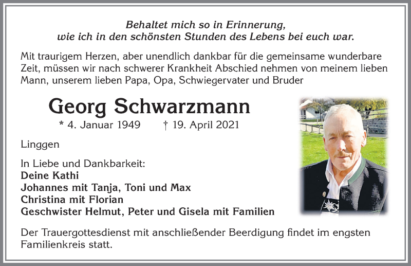  Traueranzeige für Georg Schwarzmann vom 22.04.2021 aus Allgäuer Zeitung,Kempten