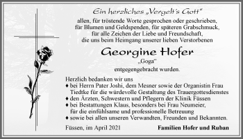 Traueranzeige von Georgine Hofer von Allgäuer Zeitung, Füssen