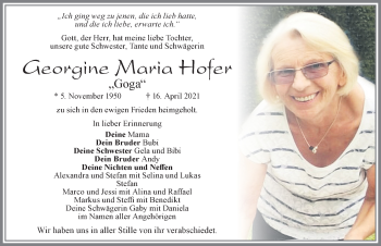 Traueranzeige von Georgine Maria Hofer von Allgäuer Zeitung, Füssen