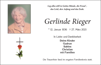 Traueranzeige von Gerlinde Rieger von Allgäuer Zeitung, Marktoberdorf