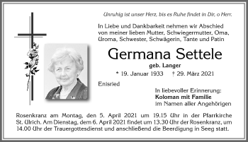 Traueranzeige von Germana Settele von Allgäuer Zeitung