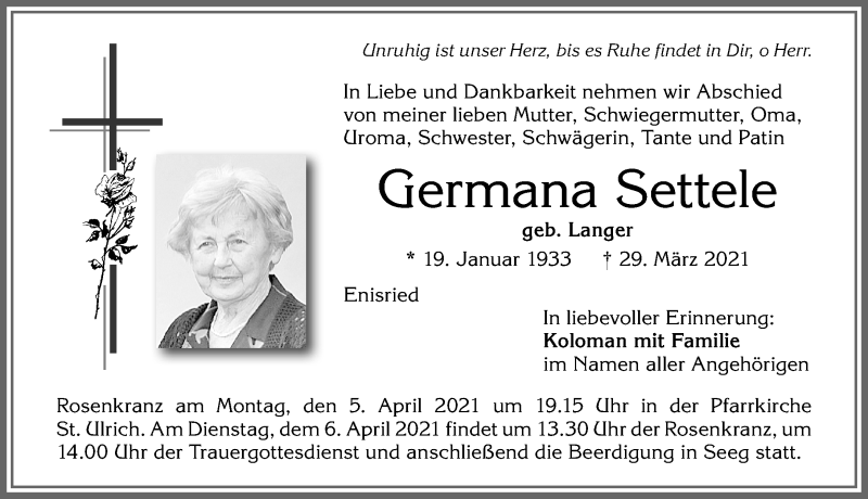  Traueranzeige für Germana Settele vom 01.04.2021 aus Allgäuer Zeitung