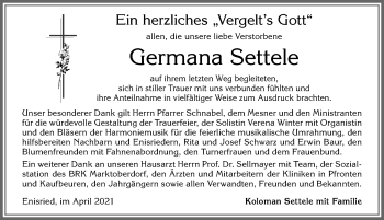 Traueranzeige von Germana Settele von Allgäuer Zeitung