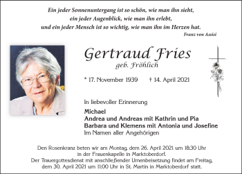 Traueranzeige von Gertraud Fries von Allgäuer Zeitung, Marktoberdorf