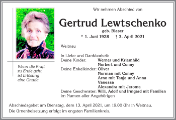 Traueranzeige von Gertrud Lewtschenko von Allgäuer Zeitung,Kempten