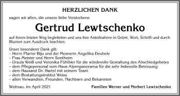Traueranzeige von Gertrud Lewtschenko von Allgäuer Zeitung,Kempten