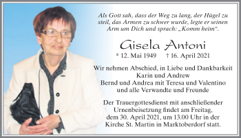 Traueranzeige von Gisela Antoni von Allgäuer Zeitung, Marktoberdorf