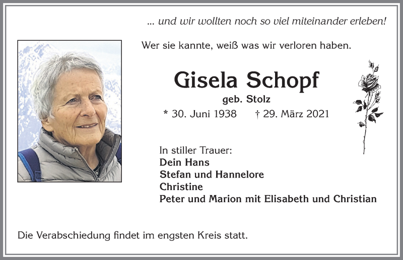  Traueranzeige für Gisela Schopf vom 03.04.2021 aus Allgäuer Zeitung, Kaufbeuren/Buchloe