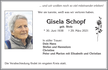 Traueranzeige von Gisela Schopf von Allgäuer Zeitung, Kaufbeuren/Buchloe