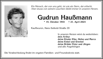 Traueranzeige von Gudrun Haußmann von Allgäuer Zeitung, Kaufbeuren/Buchloe
