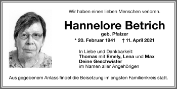 Traueranzeige von Hannelore Betrich von Memminger Zeitung