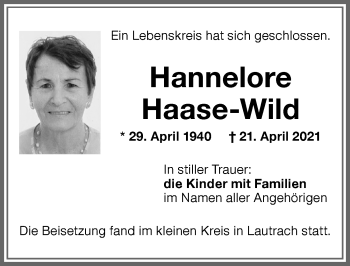 Traueranzeige von Hannelore Haase-Wild von Memminger Zeitung