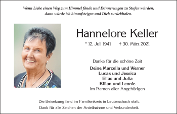 Traueranzeige von Hannelore Keller von Allgäuer Zeitung, Marktoberdorf