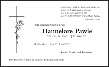 Traueranzeige von Hannelore Pawle von Der Westallgäuer