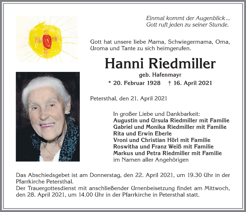  Traueranzeige für Hanni Riedmiller vom 21.04.2021 aus Allgäuer Zeitung,Kempten