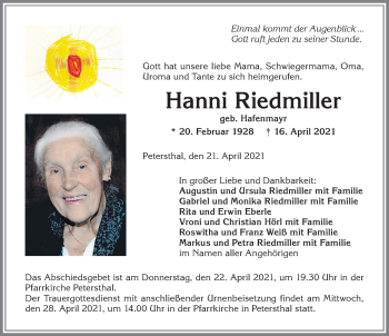 Traueranzeige von Hanni Riedmiller von Allgäuer Zeitung,Kempten