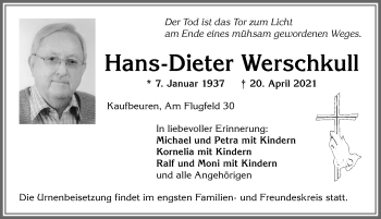 Traueranzeige von Hans-Dieter Werschkull von Allgäuer Zeitung, Kaufbeuren/Buchloe
