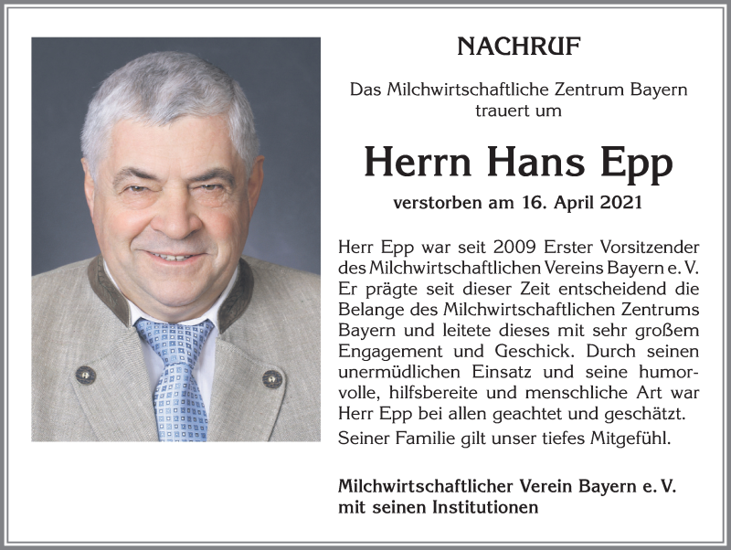  Traueranzeige für Hans Epp vom 21.04.2021 aus Allgäuer Zeitung,Kempten