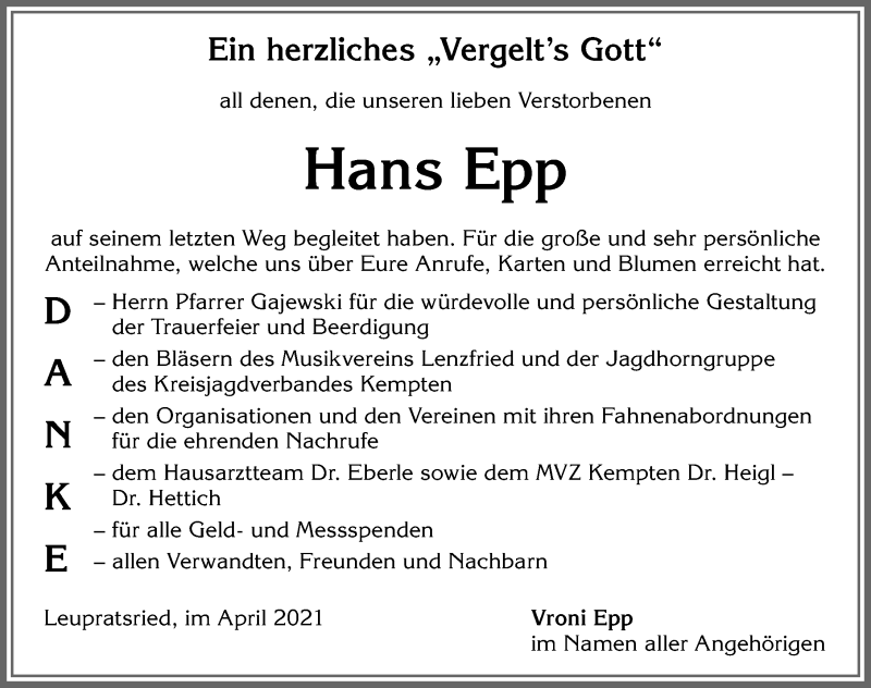  Traueranzeige für Hans Epp vom 30.04.2021 aus Allgäuer Zeitung,Kempten