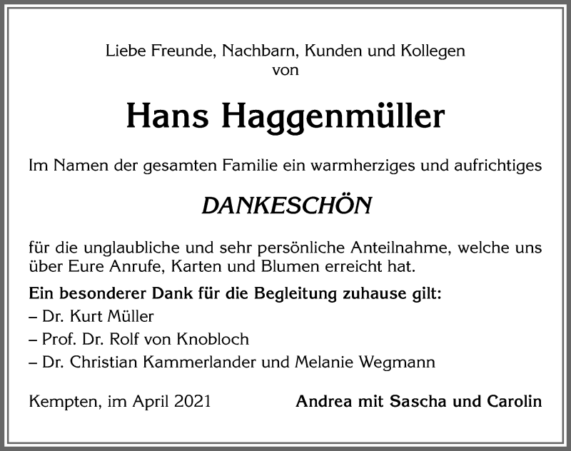  Traueranzeige für Hans Haggenmüller vom 24.04.2021 aus Allgäuer Zeitung