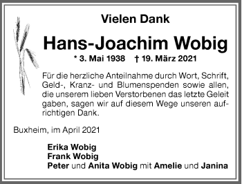Traueranzeige von Hans-Joachim Wobig von Memminger Zeitung